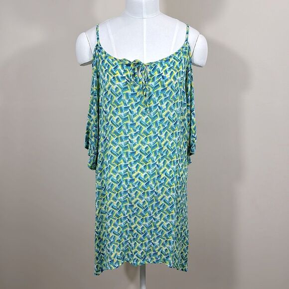 Coco + Carmen Blue Green Rayon Beach Cover-up Mini Dress Tunic Cold Shoulder S/M - Picture 1 of 8